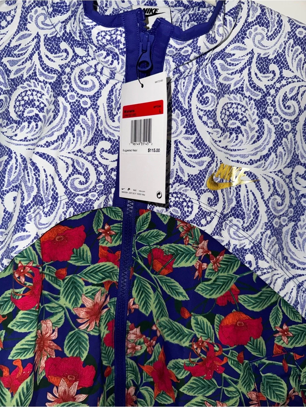 Nike Women’s Floral Paisley Full Zip Running Jacket Blue Multicolor L NWT